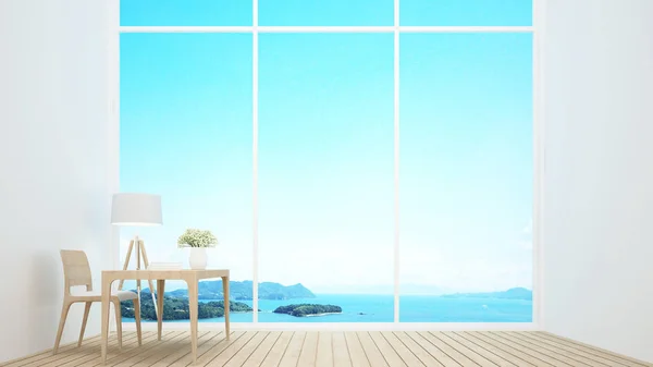 Studie kamer en lege ruimte in condominium of kantoor aan zee achtergrond - Werkplaats en uitzicht op zee in appartement of hotel - 3d Rendering — Stockfoto
