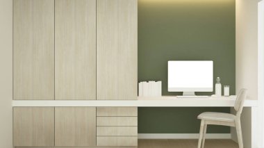 Çalışma alanı ya da dolaba gir ve yeşil duvar dekorasyonu iç tasarım Scadinavian tarzı - 3d