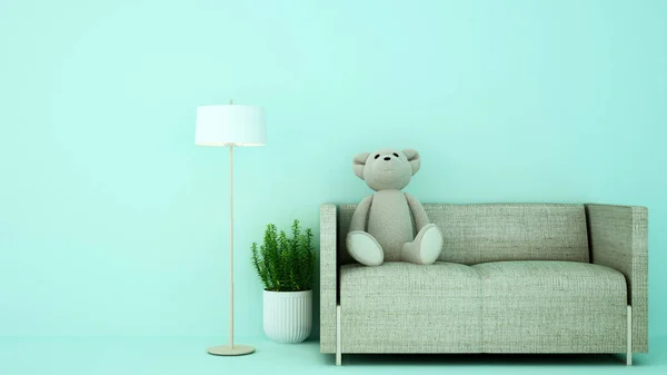 Teddy beer op de bank in de woonkamer of kinderkamer op groene toon en lege ruimte voor het toevoegen van kunstwerk of bericht. 3d Illustratie — Stockfoto