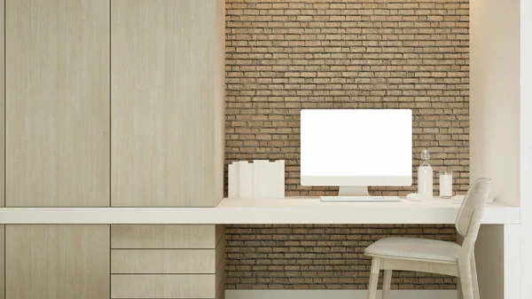 Espaço de trabalho ou andar no armário e parede de tijolo decorar em casa ou apartamento em estilo scadinavian design de interiores - 3D Rendering — Fotografia de Stock