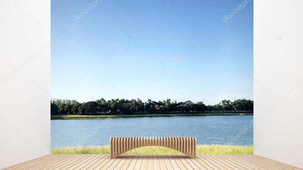 Bench on living room in home with lake view and nature view - Relax area on terrace with lake view and forest view background - 3D Rendering