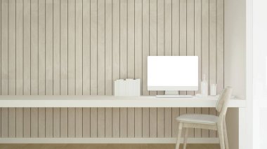 Çalışma odası ve ahşap duvar sanat eserleri için dekorasyon - çalışma alanı ya da evdeki ya da apartmandaki küçük ofisin çalışma yeri - 3D