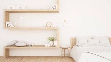 Beyaz yatak odası ve otel ya da apartmandaki yaşam alanı - sanat eseri otel ya da ev için basit tasarım - 3D