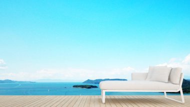 Teras ve deniz manzaralı otel veya apartman - ada manzaralı ve deniz manzaralı yaşam alanı - Tatil zamanı için basit tasarım çizimi - 3d