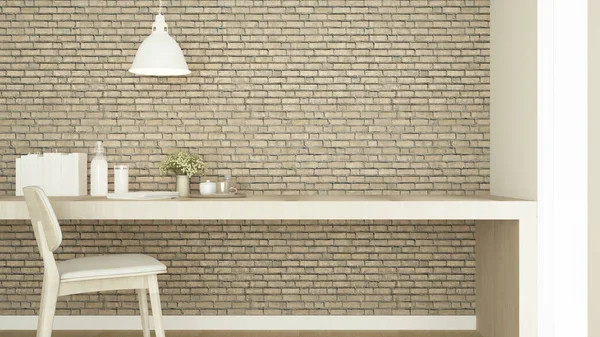 Sala de estudo e parede de tijolo decorar para obras de arte - sala de estar ou local de trabalho de pequeno escritório em cafetaria ou apartamento - 3D Rendering — Fotografia de Stock