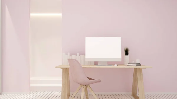 Study room and pink wall decorate for artwork - Study area or workplace in home office or apartment - 3D Rendering