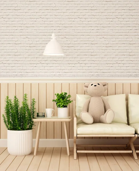 아이 방이나 거실, 흰 벽돌 벽 이 아기방이나 아파트 거실에 장식되어 있다. — 스톡 사진