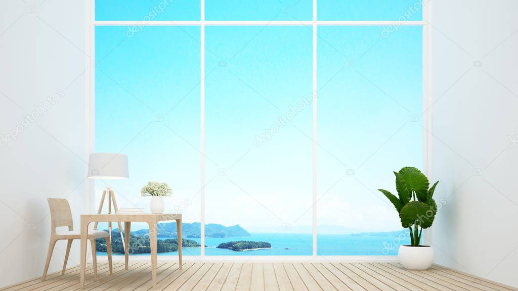 Workplace and empty space  in condominium or home office on seascpae background - Study room and sea view in apartment or hotel - 3D Rendering