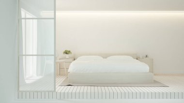 Beyaz yatak odası ve oteldeki ya da evdeki yaşam alanı - sanatsal yatak odası için basit iç tasarım - 3D