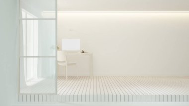 Apartman ya da otel sanat eserleri için beyaz tonu üzerine basit iş yeri tasarımı - Beyaz çalışma odası ev ya da apartman dairesi - 3d