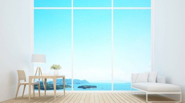İş yeri ve deniz manzaralı evdeki boş alan - Apartman ya da otel odasındaki çalışma odası manzarası - 3D