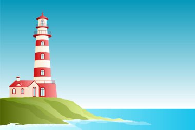 Kırmızı deniz feneri ve deniz manzarası - kağıt kesim biçimi veya zanaat stili - Vektör İllüstrasyonu