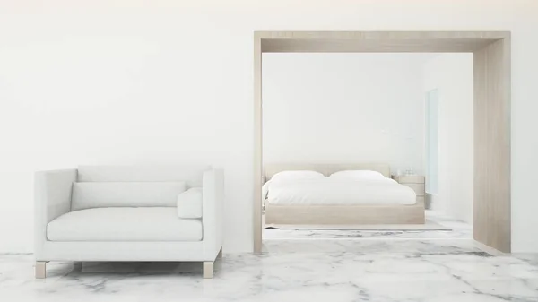 Slaapkamer en woonkamer in hotel of huis - Interieur eenvoudig ontwerp op witte toon voor kunstwerk slaapkamer - 3d Rendering — Stockfoto
