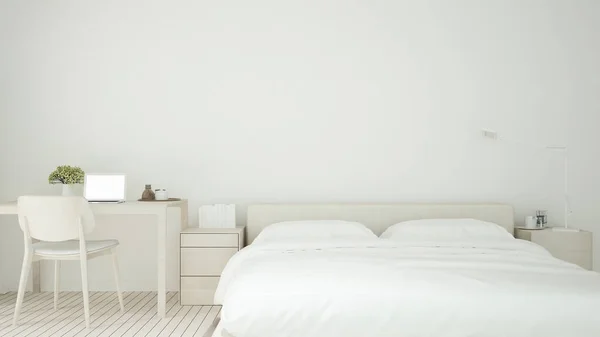 Habitación con cama blanca en hotel o condominio - Dormitorio y lugar de trabajo en apartamento o casa en tono blanco - 3D Rendering —  Fotos de Stock