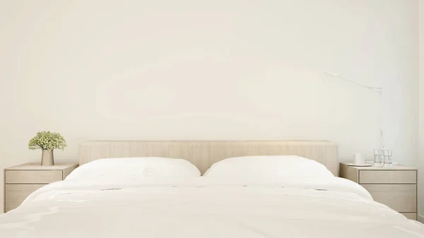 Sypialnia w apartamencie lub hotelu - Minimalny projekt do sypialni z dziełami sztuki - 3d Rendering — Zdjęcie stockowe