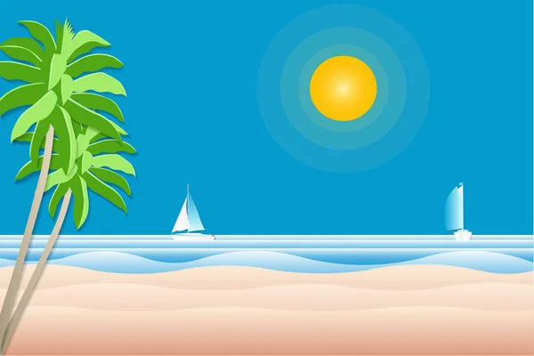 Coconut trees on the beach and sailboat in the sea - paper cut style or craft style - Vector Illustration for summer season. — Stock Photo, Image