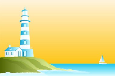 Denizdeki deniz feneri ve yelkenli ve sarı gökyüzü arka planı - kağıt kesim tarzı veya zanaat tarzı - yaz sezonu için sanat çalışması - Vektör İllüstrasyonu.