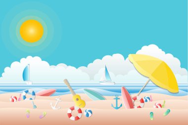 Denizde yelkenli ve su kumsalda oyun ekipmanları. Sörf tahtası, kırmızı top, şemsiyeler, yaşam halkaları. Mavi deniz manzarası..