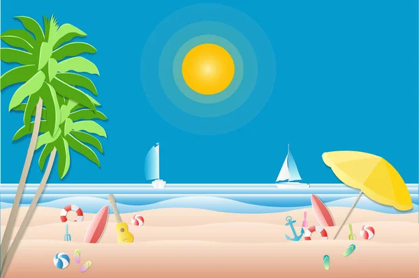 Velero en el mar y equipo de juego de agua en la playa.surfboard, bola roja, paraguas, vida rings.view del corte azul sea.paper y la ilustración style.vector . —  Fotos de Stock