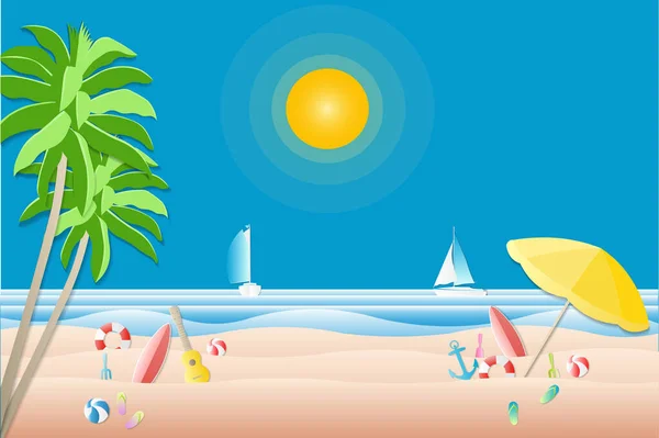 Sailboat on the sea and water play equipment on the beach.surfboard , red ball , umbrellas,life rings.view of the blue sea.paper cut and craft style.vector illustration. — 스톡 사진