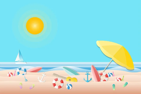 Sailboat on the sea and water play equipment on the beach.surfboard, red ball, umbrellas, life rings.view of the blue sea.paper cut and craft style.vector illustration . — стоковое фото
