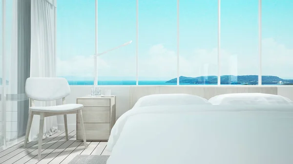 Quarto e sala de estar em vista para o mar em hotel ou resort - Quarto design simples e natureza vista de fundo - 3D Rendering — Fotografia de Stock