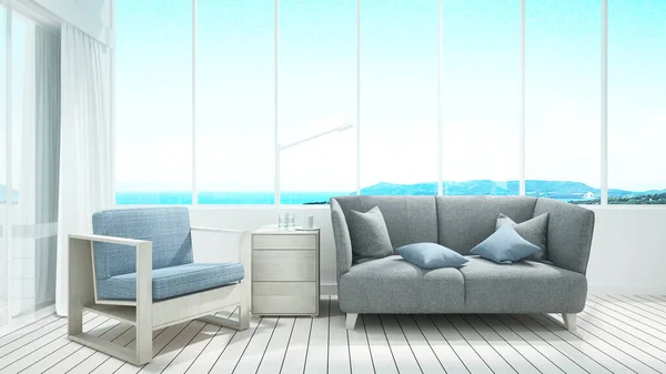 Sala de estar e vista para a natureza no lobby ou café - Sala de estar em casa ou apartamento no fundo vista mar - Design simples interior - 3D Rendering — Fotografia de Stock