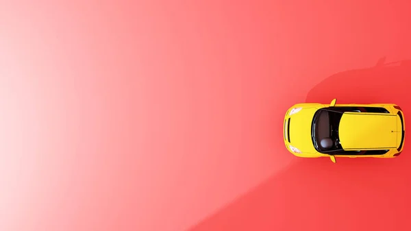 Vista superior del coche amarillo en el suelo rojo - Vista superior del coche en el fondo rojo para vallas publicitarias o ilustraciones publicitarias - 3D Rendering —  Fotos de Stock