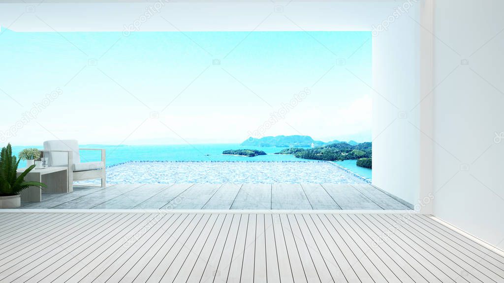 Living area on pool deck and swimming pool sea view - Swimming pool on island view in hotel or home - 3D Rendering
