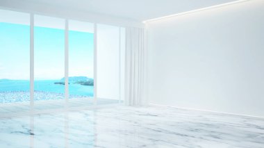 Otelde ya da tatil beldesinde boş oda ve deniz manzarası - yaz ya da tatil için basit tasarım - 3d