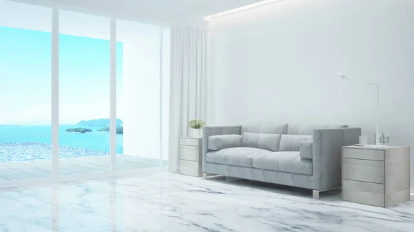 Sala de estar e piscina vista mar em hotel ou casa - Tempo de férias na sala de estar e piscina na ilha - 3D Rendering — Fotografia de Stock