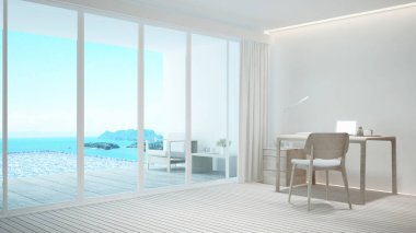 Çalışma yeri ve havuz kenarında dinlenme alanı ve panorama deniz manzaralı yüzme havuzu - çalışma odası ve otel veya tatil köyünde yüzme havuzu manzarası - 3D görüntüleme