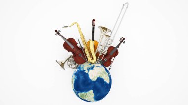 Konser flütü Fransız kornosu trombonsuz trombonsuz trombonsuz saksafon dünyada viyolonsuz keman ve klasik gitar - Müzik festivali için sanatsal enstrüman - 3D İllüstrasyon