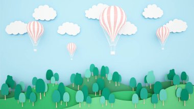 Dağın arka planında ve gökyüzünde sıcak hava balonları tasviri. Uluslararası balon festivali için sanat eserleri. kağıt kesiği veya zanaat biçimi 3D illüstrasyon.