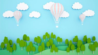 Dağın arka planında ve gökyüzünde sıcak hava balonları tasviri. Uluslararası balon festivali için sanat eserleri. kağıt kesiği veya zanaat biçimi 3D illüstrasyon.