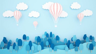 Dağda ve gökyüzünde pembe balonlar. Uluslararası balon festivali için sanat eserleri. Kağıt kesiği ya da zanaat stili. Kış mevsimi sanat eserleri 3D illüstrasyon.