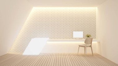 Bilgi sayacı veya resepsiyon tezgahı ve tuğla duvar dekorasyonu tabela eklemek için - sanat eseri otel veya restoranı için tezgah barı - 3D Resim