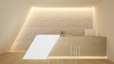 Sanat eseri oteli veya tatil köyü için resepsiyon masası - bilgi sayacı ve tuğla duvar süslemesi - 3D İllüstrasyon