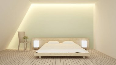 Yatak odası minimal stil ve dolaylı ışıklandırma duvarı dekorasyonu - yatak odası ve sanat eseri otel veya ev için oturma alanı - 3D Görüntü