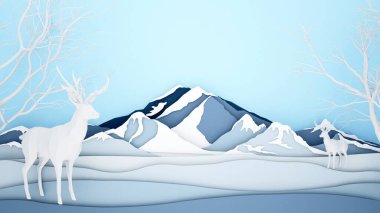 Buz dağı arka planında ren geyiği - Kış mevsimi veya Noel sanat eserleri - Kağıt kesim stili ve zanaat stili - 3D İllüstrasyon