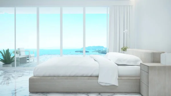 プールデッキのベッドルームとリビングエリア パノラマの海の景色を望むスイミングプール ベッドルームとスイミングプールの海の景色とホテルやリゾートの島の景色 3Dイラスト — ストック写真