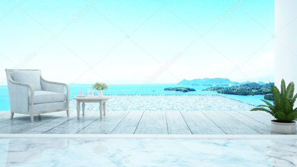 Living area on pool deck and swimming pool with panorama sea view - Pool terrace and swimming pool sea view and island view in hotel or resort - Artwork for summer time - 3D Rendering