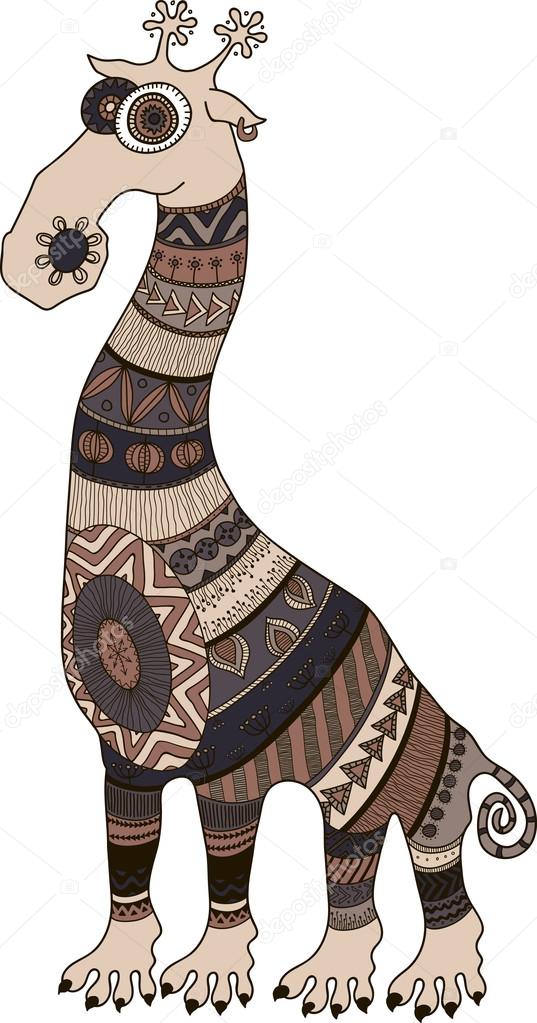 Crazy zoo. Polynesian, maori and african style tattooed cartoon giraffe, vector illustration
