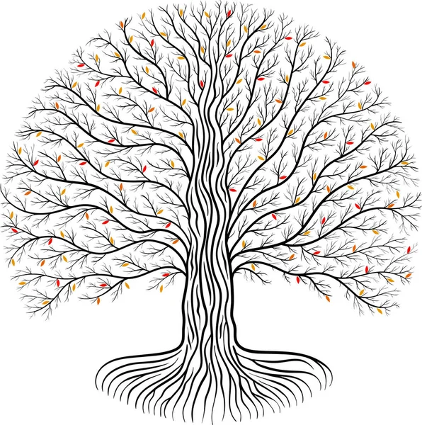 Друид Иггдрасиль дерево, круглый силуэт, черно-белый логотип с красными и желтыми осенними листьями — стоковый вектор