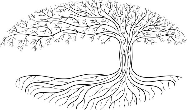 Druidic Yggdrasil tree, oval silhouette, black and white logo