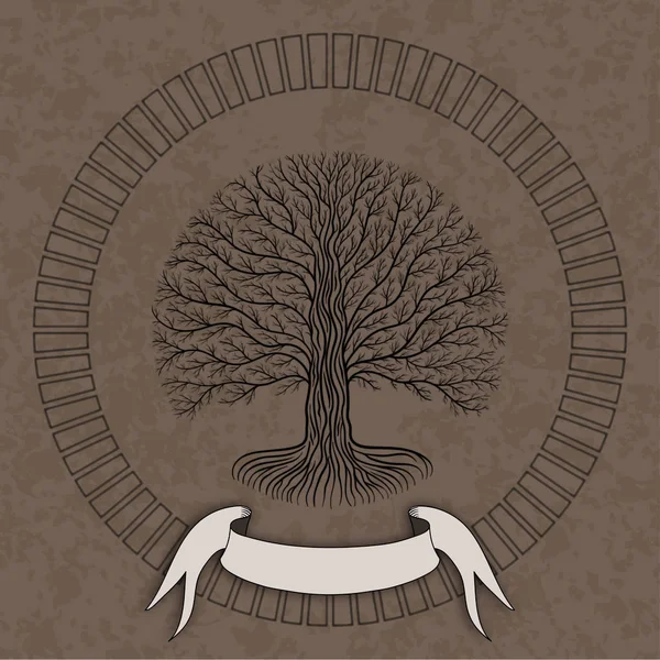 Druidique Yggdrasil Arbre Nuit Silhouette Ronde Crème Logo Grunge Brun — Photo