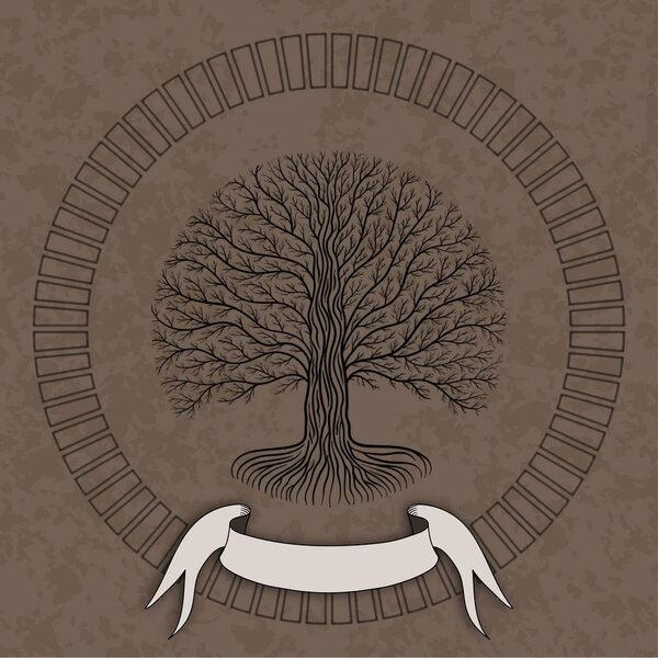 Druidic Yggdrasil tree at night, round silhouette, cream and brown grunge logo. Gothic ancient book style