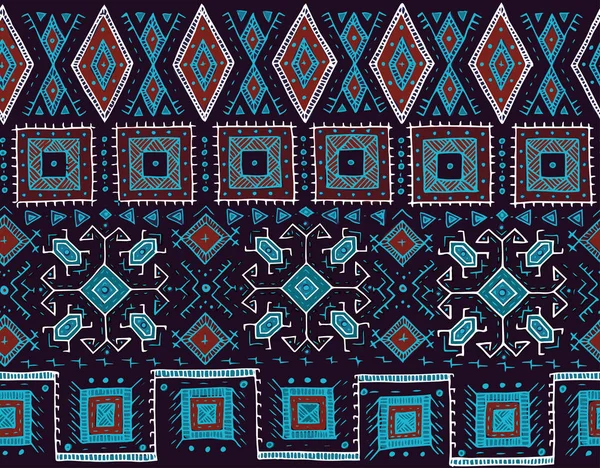 Stammesrotes und blaues nahtloses Muster. indischer oder afrikanischer ethnischer Stempelstil. Handgezeichnetes Vektorbild für Textilien, dekorativen Hintergrund, Packpapier — Stockvektor