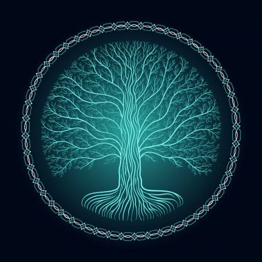 Druidic Yggdrasil tree, round dark gothic logo. ancient book style clipart