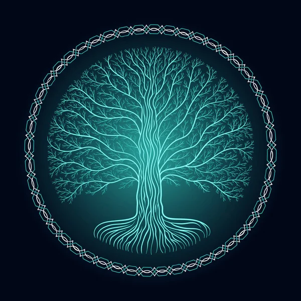 İblisle Yggdrasil ağaç, karanlık Gotik logo yuvarlak. Antik kitap stili — Stok Vektör